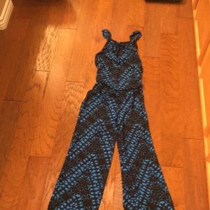 Blue boho print jumpsuit, size 0